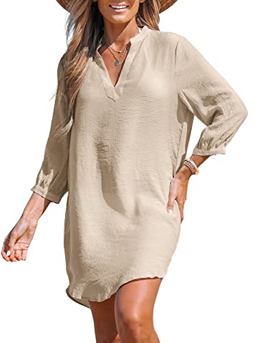 CUPSHE Damen Cover Up V Ausschnitt 3/4 Ärmel Kleid Sommer Delphin Saum Strand Minikleid, beige, M von CUPSHE