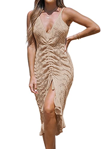 CUPSHE Damen-Minikleid mit V-Ausschnitt, gehäkelt, gerüscht, Kordelzug, kurzes Strandkleid, Beige, Large von CUPSHE