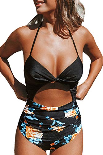 CUPSHE Damen Cut Out Badeanzug Neckholder Drehknoten Bauchweg Einteilige Bademode Sommer One Piece Swimsuit Schwarz XS von CUPSHE