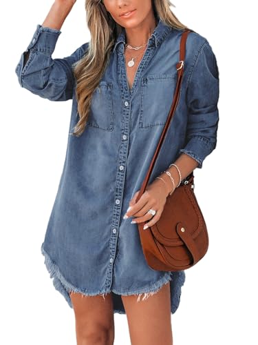 CUPSHE Damen Denim-Hemd, Mini-Tunika-Kleid, lässig, übergroß, Herbst, langärmelig, ausgefranster Saum, Tops mit Taschen, dunkelblau, Large von CUPSHE