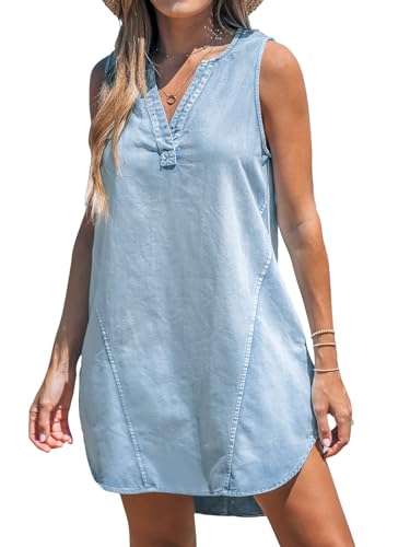 CUPSHE Damen Denim Minikleid V-Ausschnitt Ärmellos Tank Tunika Casual Sommer A-Linie Kleid Hellblau M von CUPSHE
