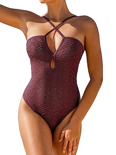 CUPSHE Damen Einteiler Badeanzüge Badeanzüge V-Ausschnitt Spaghettiträger Ausschnitt Crisscross Back Tie Bademode, Sangria Lila, XL von CUPSHE