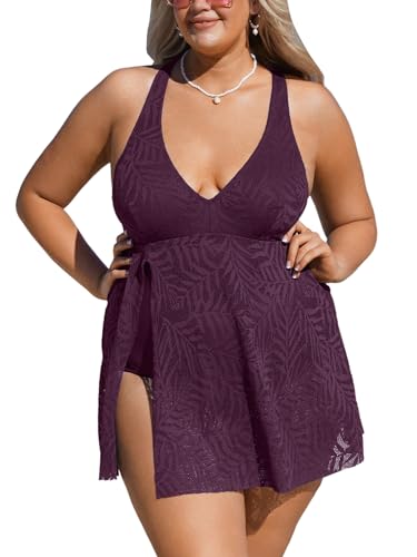 CUPSHE Damen Einteiler Badeanzug Plus Size Badeanzug V Ausschnitt Schlitz Bauchweg Blatttextur Badekleid Große Größen Curvy Bademode Swimsuit Brombeere L von CUPSHE