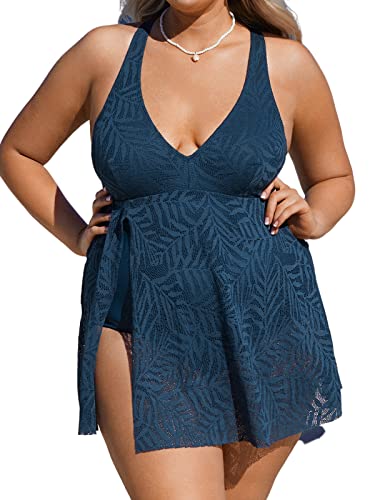 CUPSHE Damen Einteiler Badeanzug Plus Size Badeanzug V Ausschnitt Schlitz Bauchweg Blatttextur Badekleid Große Größen Curvy Bademode Swimsuit Navy L von CUPSHE