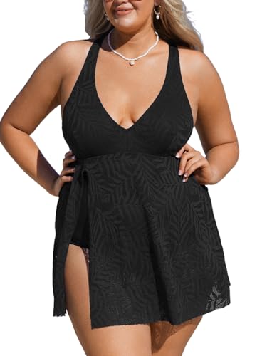 CUPSHE Damen Einteiler Badeanzug Plus Size Badeanzug V Ausschnitt Schlitz Bauchweg Blatttextur Badekleid Große Größen Curvy Bademode Swimsuit Schwarz L von CUPSHE