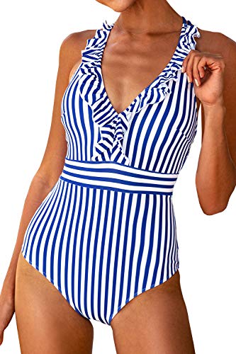 CUPSHE Damen Einteiler Badeanzug Rüschen V Ausschnitt Kreuz Rückseite Strandmode Swimsuit Blau/Weiß gestreift L von CUPSHE