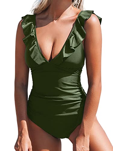 CUPSHE Damen Einteiler Badeanzug Rüschen V Ausschnitt Monokinis Bauchweg Einteiliger Bademode Swimsuit Armee Grün XL von CUPSHE