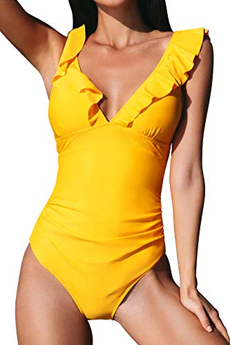 CUPSHE Damen Einteiler Badeanzug Rüschen V Ausschnitt Monokinis Bauchweg Einteiliger Bademode Swimsuit Gelb S von CUPSHE