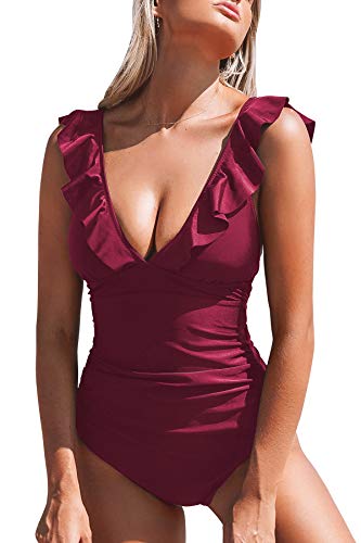 CUPSHE Damen Einteiler Badeanzug Rüschen V Ausschnitt Monokinis Bauchweg Einteiliger Bademode Swimsuit Weinrot XS von CUPSHE