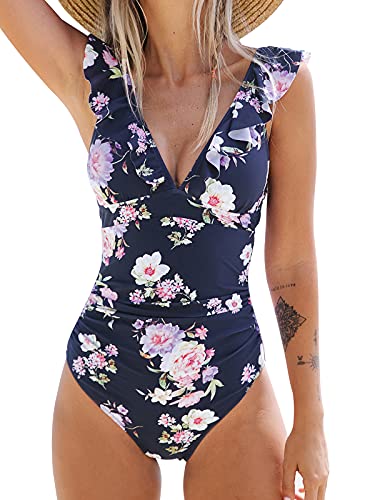 CUPSHE Damen Einteiler Badeanzug Rüschen V Ausschnitt Monokinis Blumenmuster Raffung Bauchweg Einteilige Bademode Swimsuit Marineblau/Blumen L von CUPSHE
