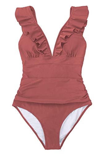 CUPSHE Damen Einteiler Badeanzug Rüschen V Ausschnitt Monokinis Raffung Bauchweg Einteilige Bademode Swimsuit Tawney Red M von CUPSHE