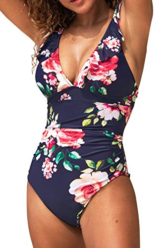 CUPSHE Damen Einteiler Badeanzug Rüschen V Neck Monokinis Blumenmuster Raffung Bauchweg Einteilige Bademode Swimsuit Dunkelblau/Blumen S von CUPSHE