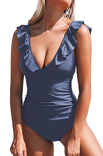 CUPSHE Damen Einteiler Badeanzug Rüschen V Neck Monokinis Blumenmuster Raffung Bauchweg Einteilige Bademode Swimsuit Dunkelblau L von CUPSHE