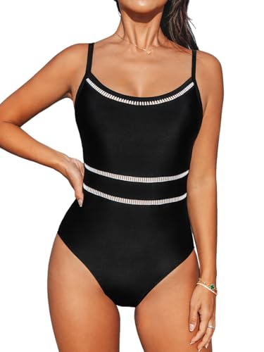 CUPSHE Damen Einteiler Badeanzug Rundhals Badeanzug Mesh Verstellbare Träger Spaghetti Bademode Badeanzug, Schwarz , XL von CUPSHE