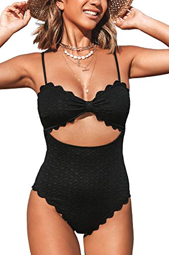 CUPSHE Damen Badeanzug Schleife Wellenkante Bademode Cut Out Figurformend Strukturierte Einteilige Strandmode Swimsuit Schwarz XS CUPSHE Damen Badeanzug Schleife Wellenkante Bademode Cut Out Figurformend Strukturierte Einteilige Strandmode Swimsuit Schwarz XS von CUPSHE