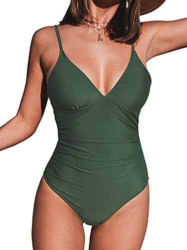 CUPSHE Damen Einteiler Badeanzug Triangel V Ausschnitt Monokini Bauchweg Raffungen Unifarben Bademode Swimsuit Grün XXL von CUPSHE