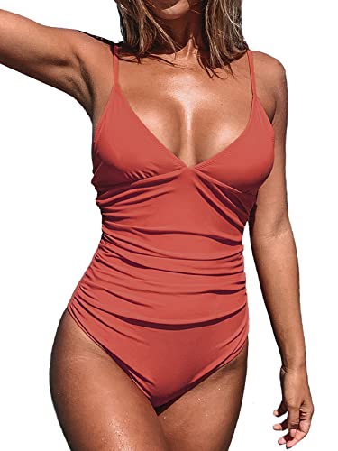 CUPSHE Damen Einteiler Badeanzug Triangel V Ausschnitt Monokini Bauchweg Raffungen Unifarben Bademode Swimsuit Rot S von CUPSHE