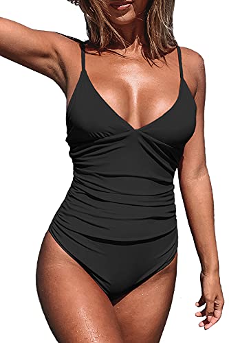 CUPSHE Damen Einteiler Badeanzug Triangel V Ausschnitt Monokini Bauchweg Raffungen Unifarben Bademode Swimsuit Schwarz M von CUPSHE