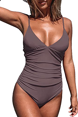 CUPSHE Damen Einteiler Badeanzug Triangel V Ausschnitt Monokini Raffung Bauchweg Unifarben Swimwear Bademode Swimsuit Kaffeebraun S von CUPSHE