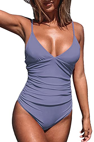CUPSHE Damen Einteiler Badeanzug Triangel V Ausschnitt Monokini Raffung Bauchweg Unifarben Swimwear Bademode Swimsuit Lila L von CUPSHE