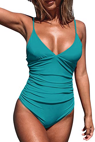 CUPSHE Damen Einteiler Badeanzug Triangel V Ausschnitt Raffung Bauchweg Strandmode Einteilige Bademode Swimsuit Meergrün M von CUPSHE