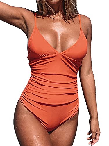 CUPSHE Damen Einteiler Badeanzug Triangel V Ausschnitt Raffung Bauchweg Strandmode Einteilige Bademode Swimsuit Orange XS von CUPSHE