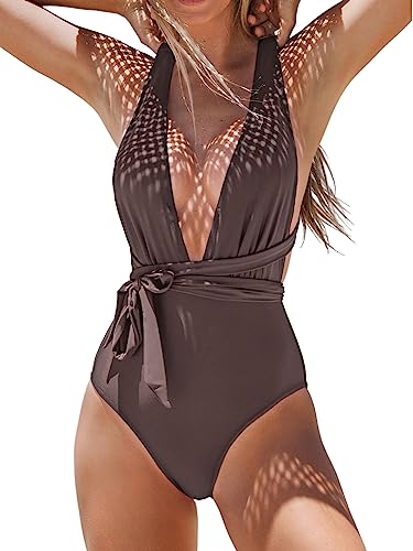 CUPSHE Damen Badeanzug V Ausschnitt Tiefer Rückenausschnitt Selbstbindung Monokini Einteilige Bademode Swimsuit Kaffeebraun S von CUPSHE