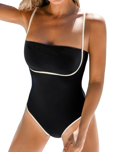 CUPSHE Damen Einteiliger Badeanzug mit Quadratischem Ausschnitt, Bandeau-Design, Kontrastpaspeln und Spaghettiträgern – Stilvolle Bademode für Sommer und Urlaub Schwarz XS CUPSHE Damen Einteiliger Badeanzug mit Quadratischem Ausschnitt, Bandeau-Design, Kontrastpaspeln und Spaghettiträgern – Stilvolle Bademode für Sommer und Urlaub Schwarz XS von CUPSHE