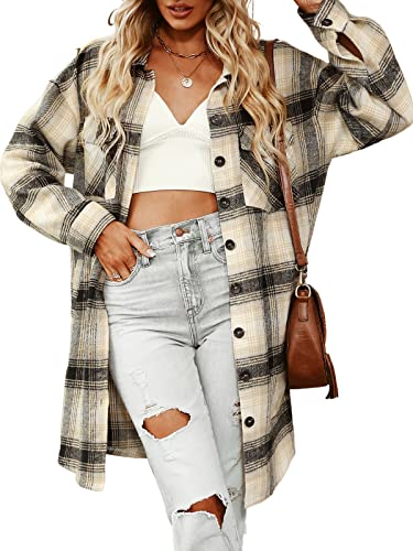 CUPSHE Damen Flanell Plaid Shirts Casual Basic Button Down Jacke Shacket Oversized Boyfriends Mäntel Langarm mit Taschen, Braun, 38 von CUPSHE