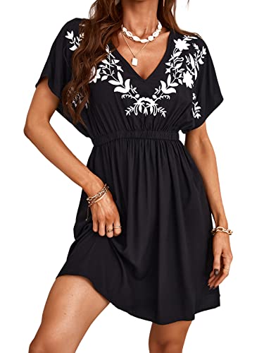 CUPSHE Damen Bikini Cover Up Strandkleid V Ausschnitt Kurzarm Blätter Print Seitenschlitz Sommer Beach Mini Dress Weißer Schwarz/Weiß L von CUPSHE