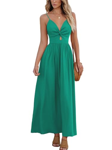 CUPSHE Damen Freizeitkleid Strand Ärmellos V-Ausschnitt Sommer Cutout Spaghettiträger Elegantes Maxi-Sonnenkleid, Pfauengrün, Groß von CUPSHE