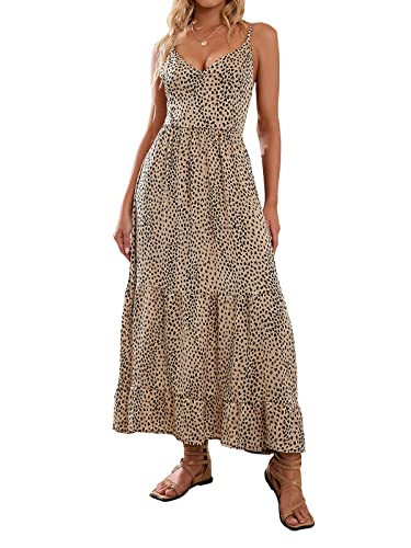 CUPSHE Damen Freizeitkleid V Ausschnitt Schnürung Leopardenmuster Sommerkleid Spaghettiträger Rüschensaum Strand Maxi Dress Mehrfarbig L von CUPSHE