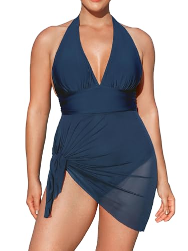 CUPSHE Damen Große Größen Badeanzug Badekleid V Ausschnitt Neckholder Bauchweg Netzstoff Seitenschlitz Badeanzugkleid Plus Size Swimsuit Dunkelblau 0X=L von CUPSHE