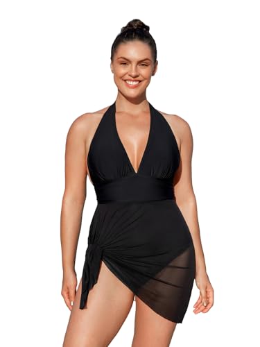 CUPSHE Damen Große Größen Badeanzug Badekleid V Ausschnitt Neckholder Bauchweg Netzstoff Seitenschlitz Badeanzugkleid Plus Size Swimsuit Schwarz 2X=XXL von CUPSHE
