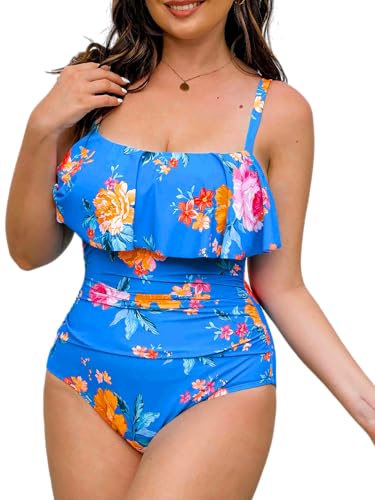 CUPSHE Damen Große Größen Badeanzug Bandeau Rüschenbesatz Bauch Kaschieren Einteilige Curvy Bademode Plus Size Swimsuit Blau/Blumenmuster XL von CUPSHE