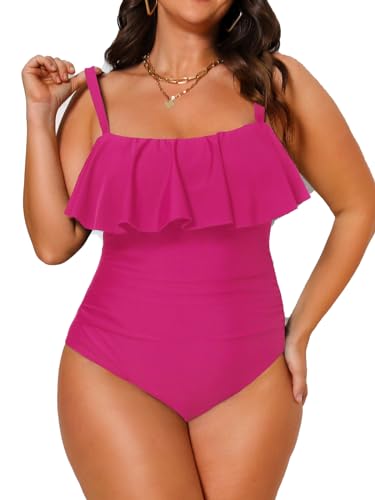 CUPSHE Damen Große Größen Badeanzug Bandeau Rüschenbesatz Bauch Kaschieren Einteilige Curvy Bademode Plus Size Swimsuit Magenta M von CUPSHE