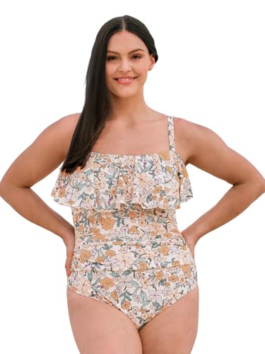 CUPSHE Damen Große Größen Badeanzug Bandeau Rüschenbesatz Bauch Kaschieren Einteilige Curvy Bademode Plus Size Swimsuit Orange/Blumig 00X=M von CUPSHE