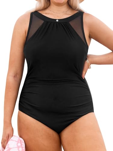 CUPSHE Damen Große Größen Badeanzug High Neck Bauchweg Raffung Netzstoff Einteilige Plus Size Bademode Swimsuit Schwarz 2X=XXL CUPSHE Damen Große Größen Badeanzug High Neck Bauchweg Raffung Netzstoff Einteilige Plus Size Bademode Swimsuit Schwarz 2X=XXL von CUPSHE