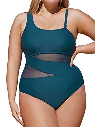 CUPSHE Damen Große Größen Badeanzug One Shoulder Sheer Mesh Zierausschnitte Bauchkontrolle Asymmetrische Einteilige Curvy Bademode Plus Size Swimsuit Cyanblau 00X=M von CUPSHE