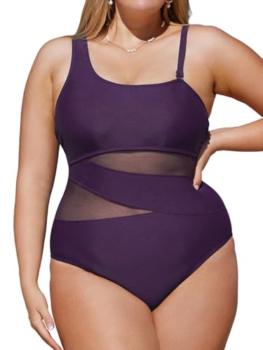 CUPSHE Damen Große Größen Badeanzug One Shoulder Sheer Mesh Zierausschnitte Bauchkontrolle Asymmetrische Einteilige Curvy Bademode Plus Size Swimsuit Grape Purple 00X=M von CUPSHE