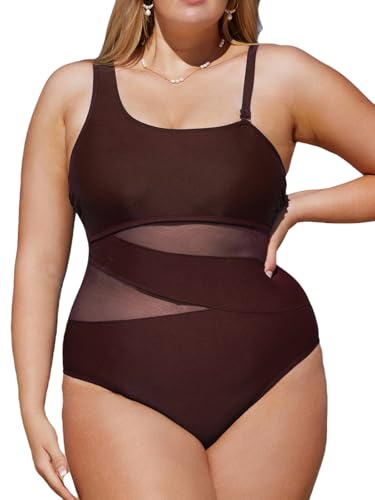 CUPSHE Damen Große Größen Badeanzug One Shoulder Sheer Mesh Zierausschnitte Bauchkontrolle Asymmetrische Einteilige Curvy Bademode Plus Size Swimsuit Kaffeebraun 1X=XL von CUPSHE