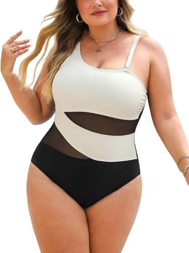 CUPSHE Damen Große Größen Badeanzug One Shoulder Sheer Mesh Zierausschnitte Bauchkontrolle Asymmetrische Einteilige Curvy Bademode Plus Size Swimsuit Schwarz/Weiß/Farbblock 1X=XL von CUPSHE