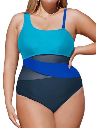 CUPSHE Damen Große Größen Badeanzug One Shoulder Sheer Netzstoff Bauchkontrolle Asymmetrische Einteilige Curvy Bademode Plus Size Swimsuit Blau/Farbblock 2X=XXL von CUPSHE