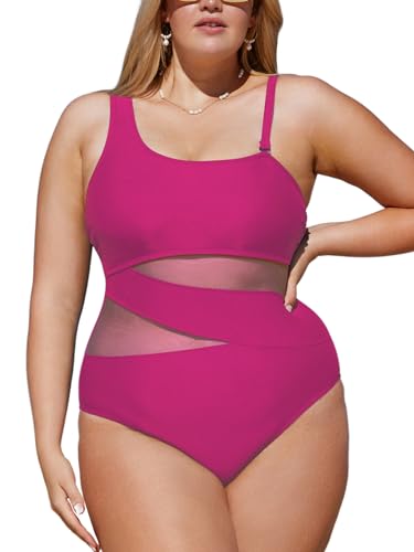 CUPSHE Damen Große Größen Badeanzug One Shoulder Sheer Netzstoff Bauchkontrolle Asymmetrische Einteilige Curvy Bademode Plus Size Swimsuit Magenta 2X=XXL von CUPSHE