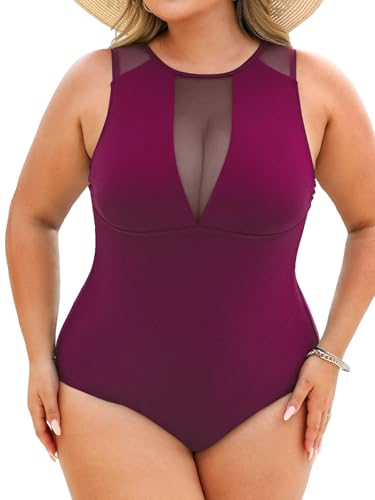 CUPSHE Damen Große Größen Badeanzug Rundhals Sheer Netzstoff Rückenfrei Schnürung Einteilige Bademode Lila 3X=XXXL von CUPSHE
