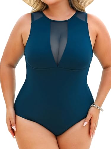 CUPSHE Damen Große Größen Badeanzug Rundhals Sheer Netzstoff Rückenfrei Schnürung Einteilige Bademode Tiefes Pfauenblau 3X=XXXL von CUPSHE