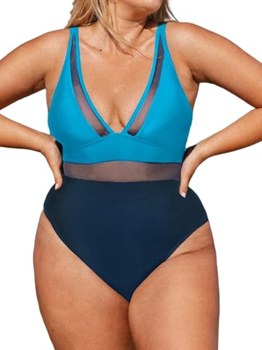 CUPSHE Damen Große Größen Badeanzug Tiefer V Ausschnitt Sheer Mesh Bauchkontrolle Einteilige Curvy Bademode Plus Size Swimsuit Hellblau/Marineblau 1X=XL von CUPSHE