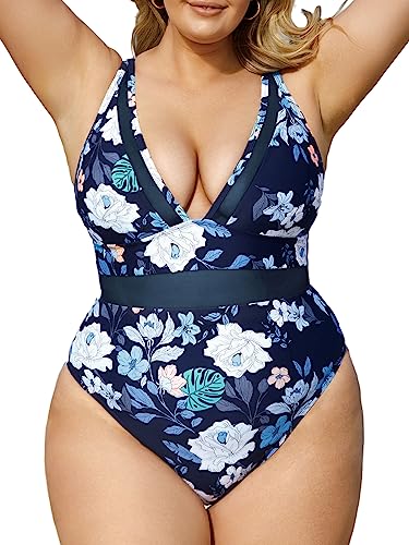 CUPSHE Damen Große Größen Badeanzug Tiefer V Ausschnitt Sheer Mesh Bauchkontrolle Einteilige Curvy Bademode Plus Size Swimsuit Marineblau/Blumenmuster L von CUPSHE