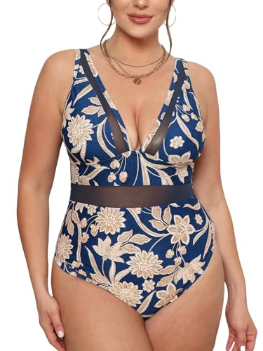 CUPSHE Damen Große Größen Badeanzug Tiefer V Ausschnitt Sheer Mesh Bauchkontrolle Einteilige Curvy Bademode Plus Size Swimsuit Marineblau/Paisleymuster L von CUPSHE