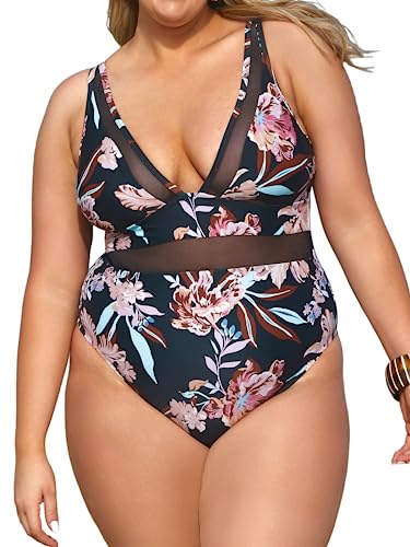 CUPSHE Damen Große Größen Badeanzug Tiefer V Ausschnitt Sheer Mesh Bauchkontrolle Einteilige Curvy Bademode Plus Size Swimsuit Schwarz/Blumenmuster M von CUPSHE